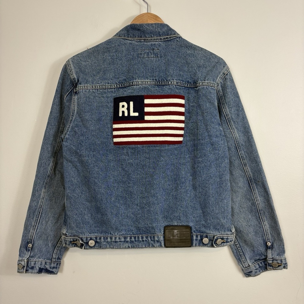 Vtg Ralph Lauren Polo Jeans Co Denim Jacket American Flag Patch Womens Sz L USA